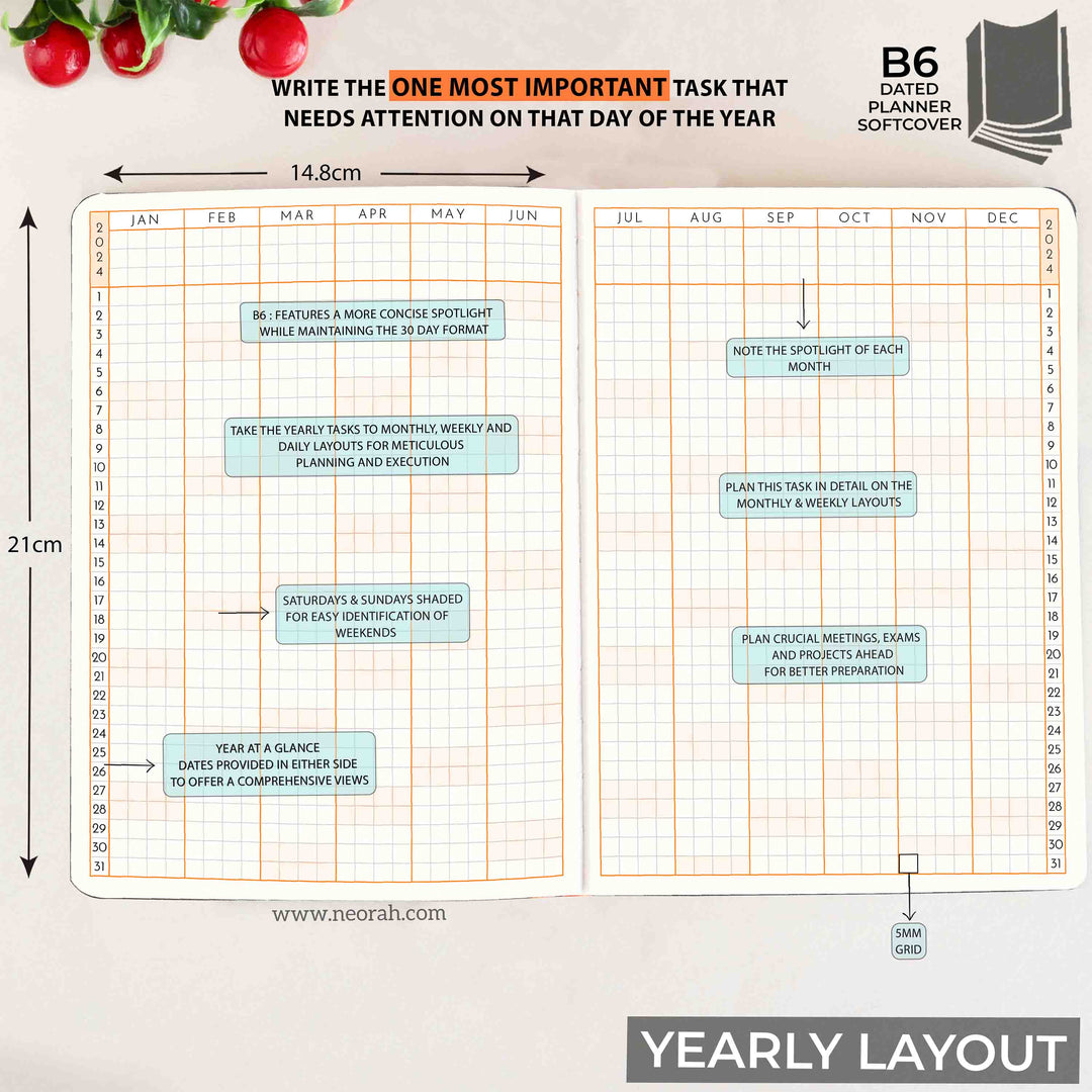 B6- 2024 - YEARLY | MONTHLY | WEEKLY & HOURLY | DAILY || DATED PLANNER || SOFT COVER