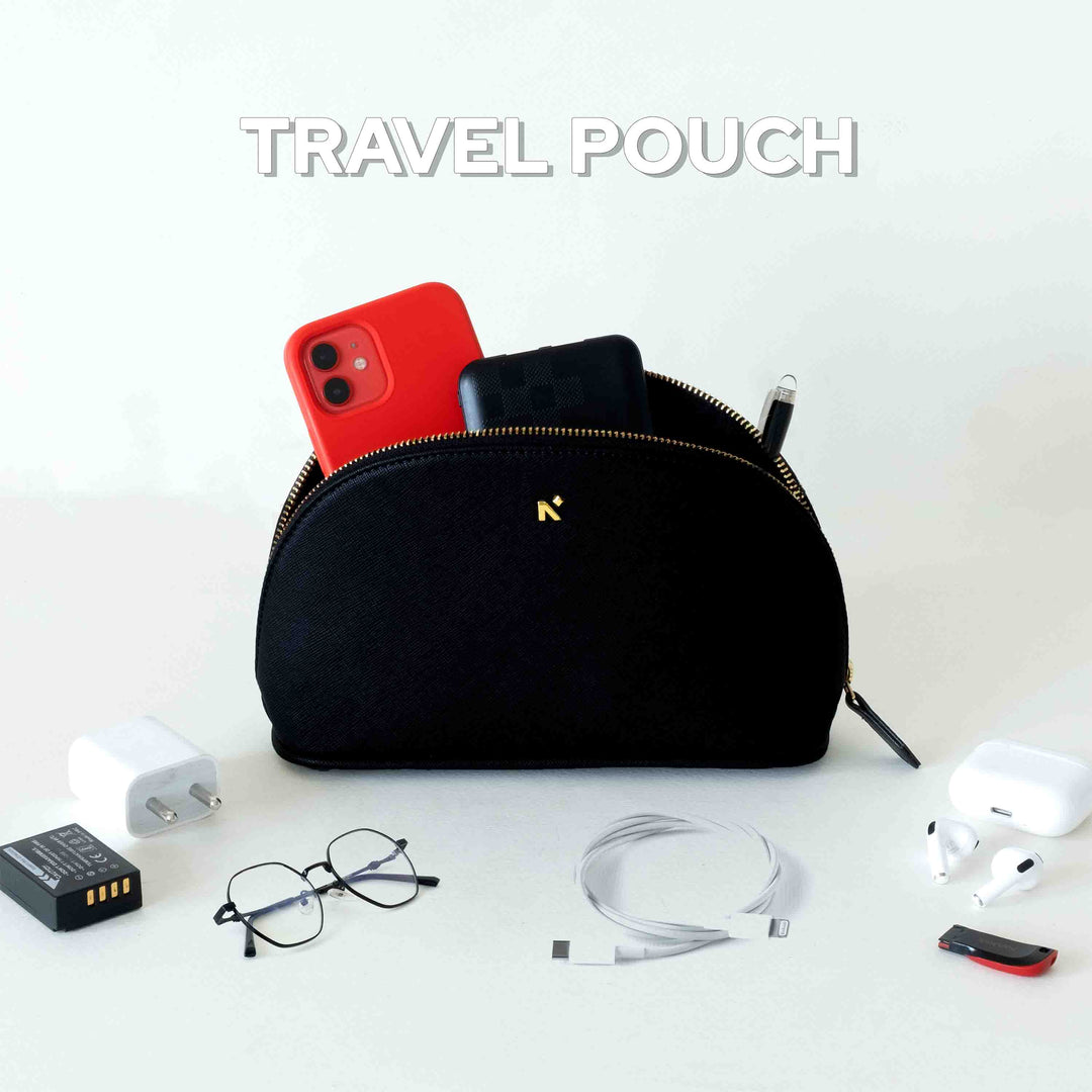 Neorah cosmetic pouch for travel, Best Makeup Bag, Designer makeup pouches to carry everyday makeup skincare and essentials for travel.#color_black