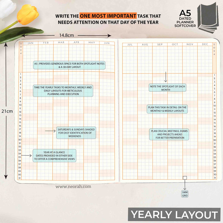A5 - 2024 - YEARLY | MONTHLY | WEEKLY & HOURLY | DAILY || DATED PLANNER || SOFT COVER