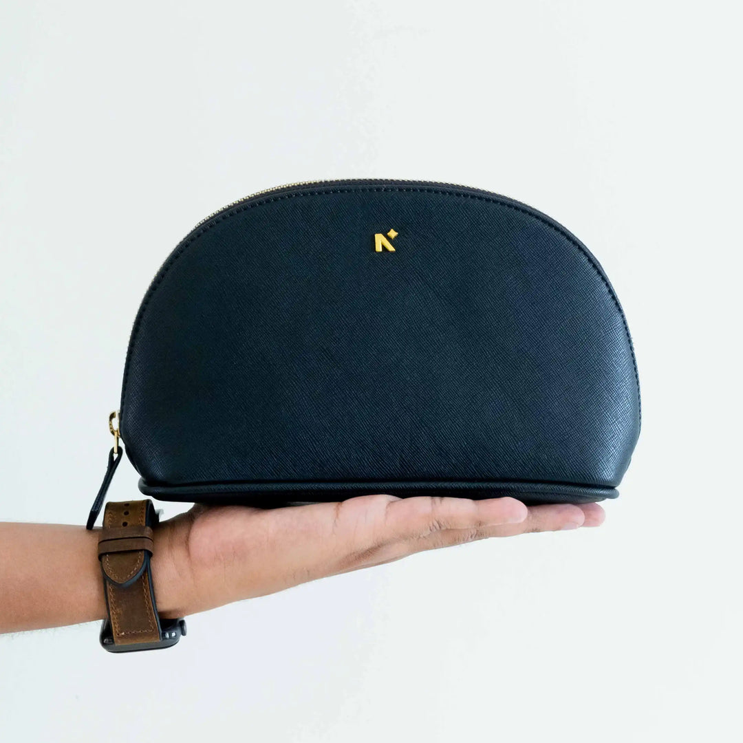 Neorah small makeup pouch, Mini Designer makeup pouch, multifunctional designer makeup pouches, travel makeup pouch with place for makeup kit. #color_black