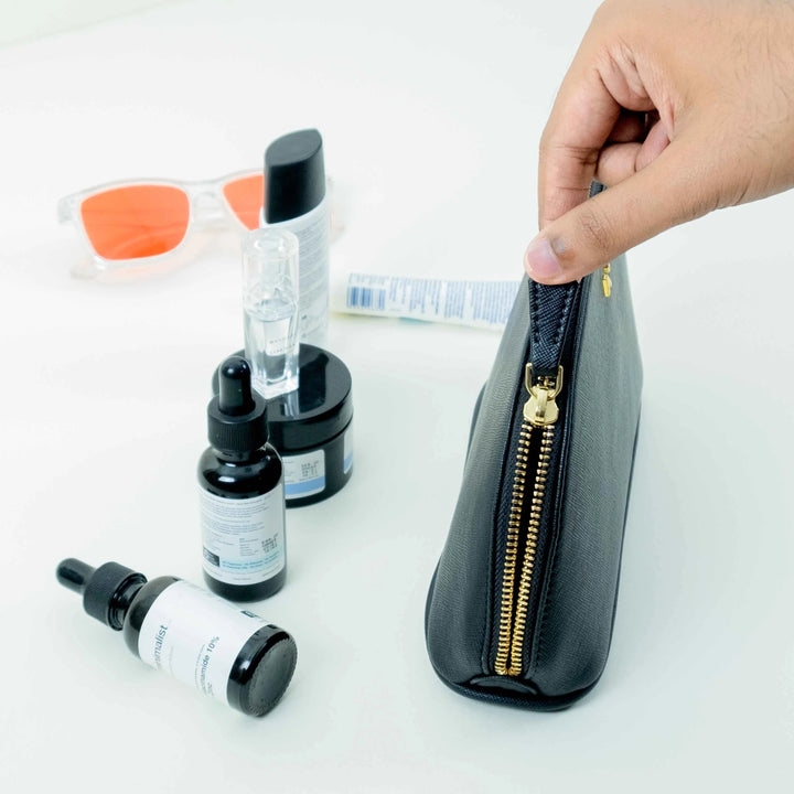 Neorah cosmetic pouch for travel, Best Makeup Bag, Designer makeup pouches to carry everyday makeup skincare and essentials for travel. #color_black