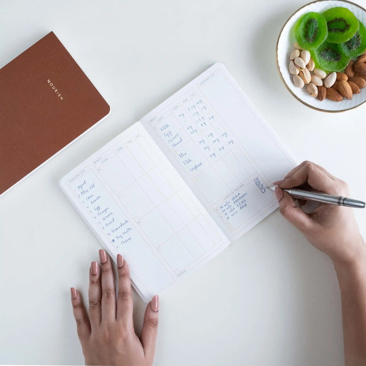 Neorah journal diary notebook (wellness journal) includes space to write down how you feel. Track calories, fat, carbs, protein, and more in this hardcover journal notebook.#color_black