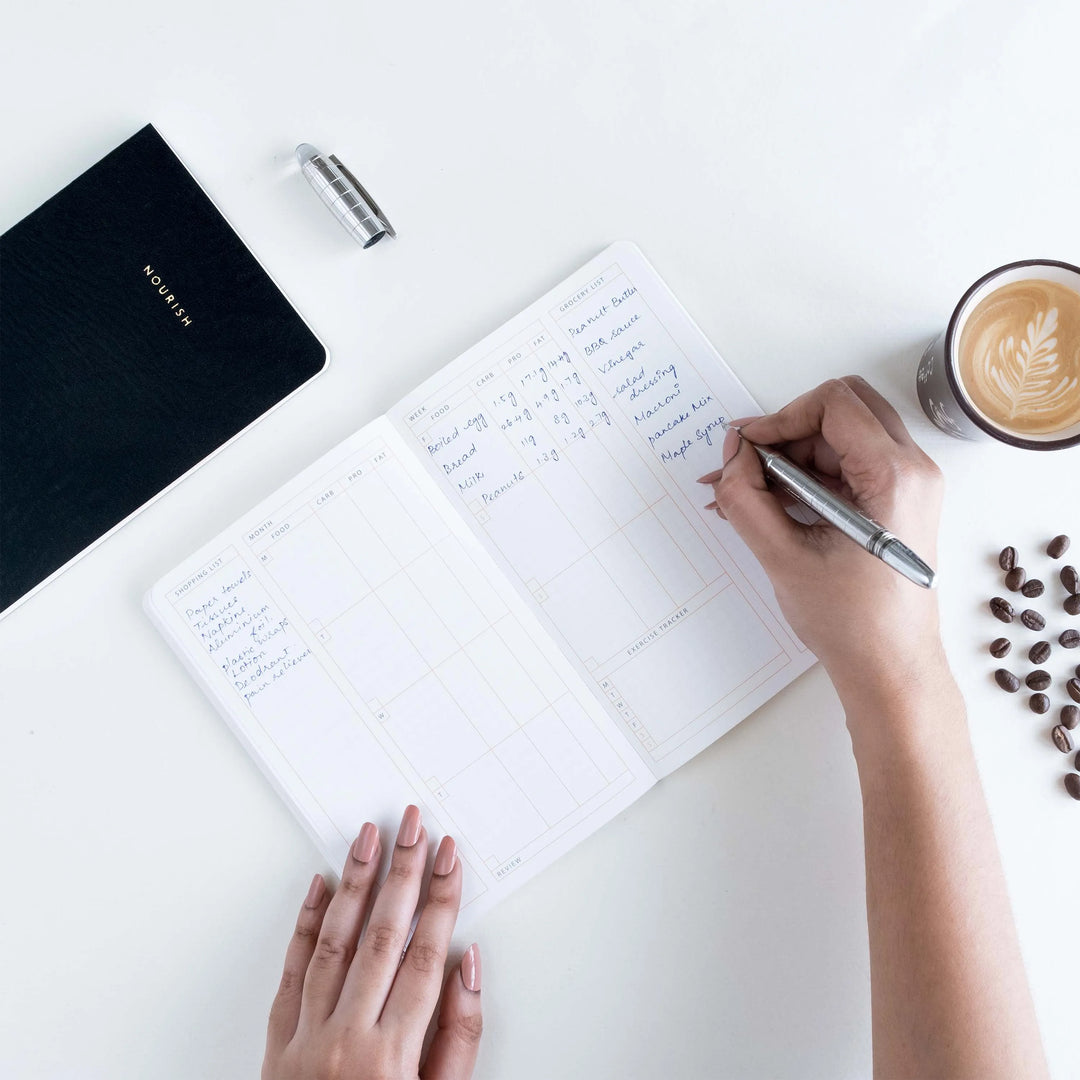 Neorah journal diary notebook (wellness journal) includes space to write down how you feel. Track calories, fat, carbs, protein, and more in this hardcover journal notebook.#color_black