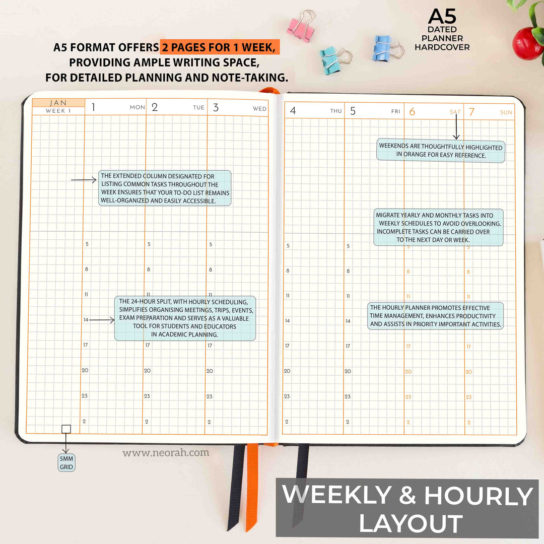 A5- 2024 - YEARLY | MONTHLY | WEEKLY & HOURLY | DAILY || DATED PLANNER ||  HARD COVER
