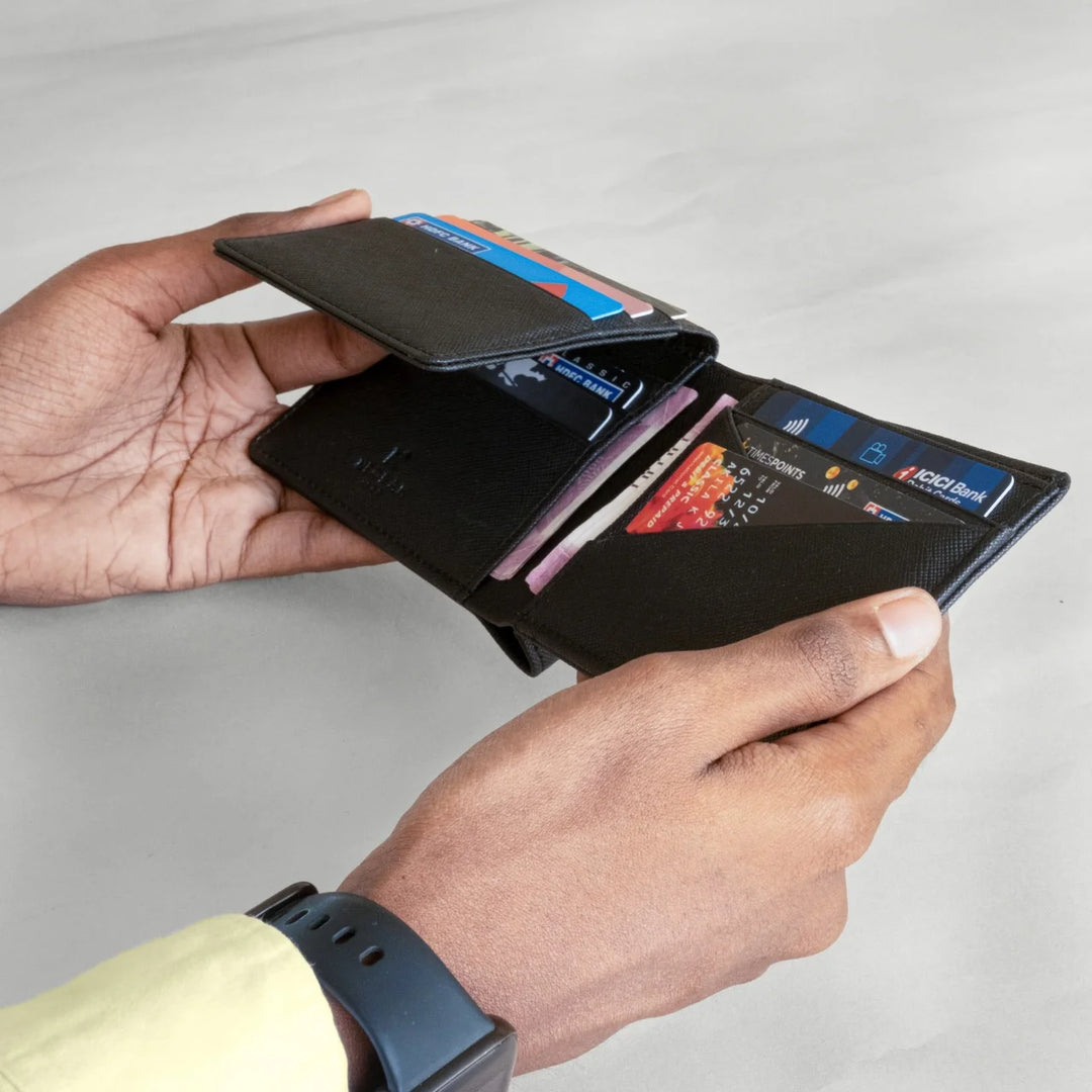 
 It has 2 spacious wall compartments for Currency & Receipts and 11 card slots are also double panelled with Vegan leather and not slits.#color_black