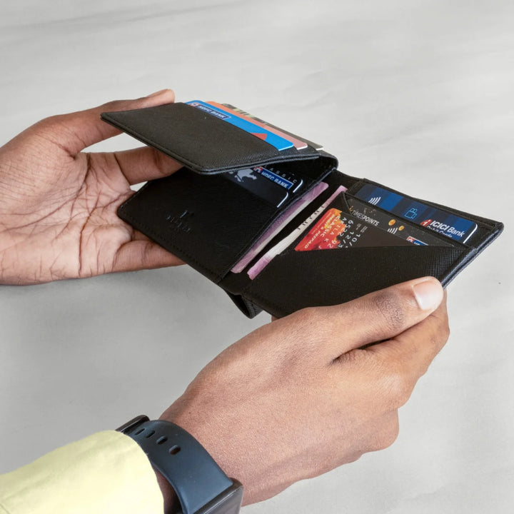 
 It has 2 spacious wall compartments for Currency & Receipts and 11 card slots are also double panelled with Vegan leather and not slits.#color_black