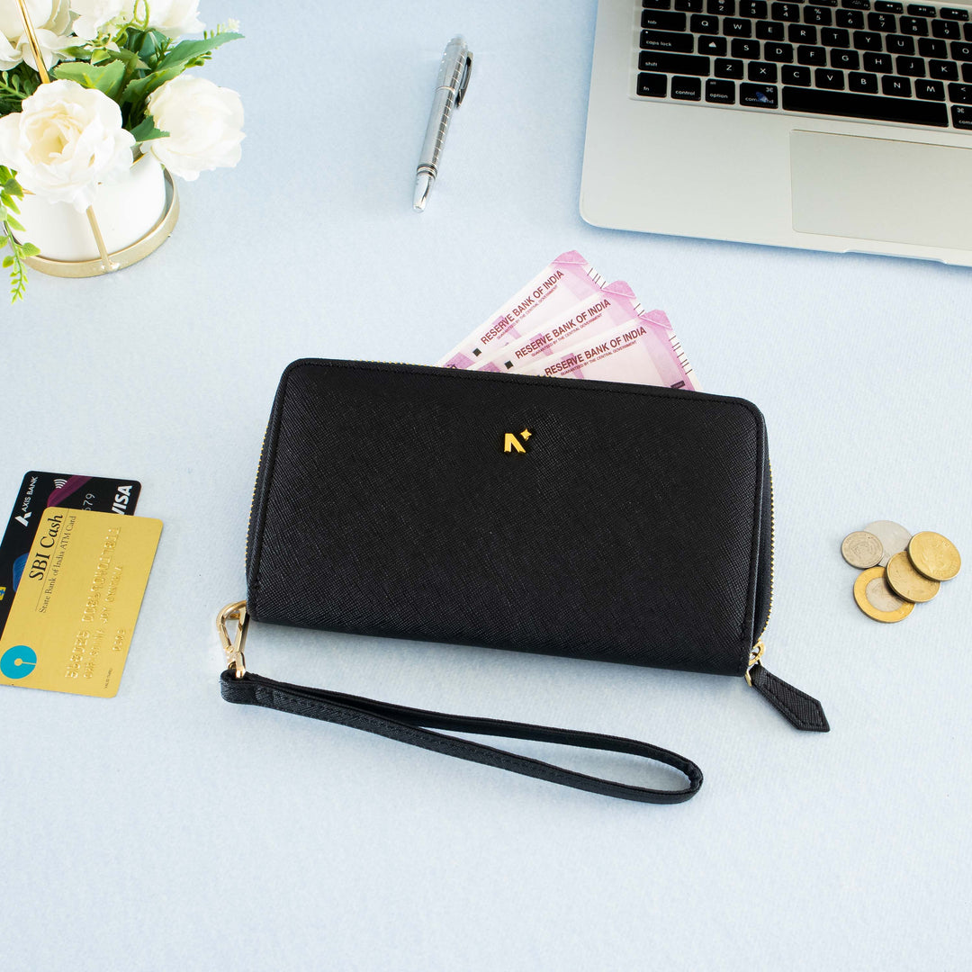 Neorah stylish wallets for girls easy to store your money credit cards, identity cards. Easy to carry in bag, tote. Perfect for party wears.#color_black
