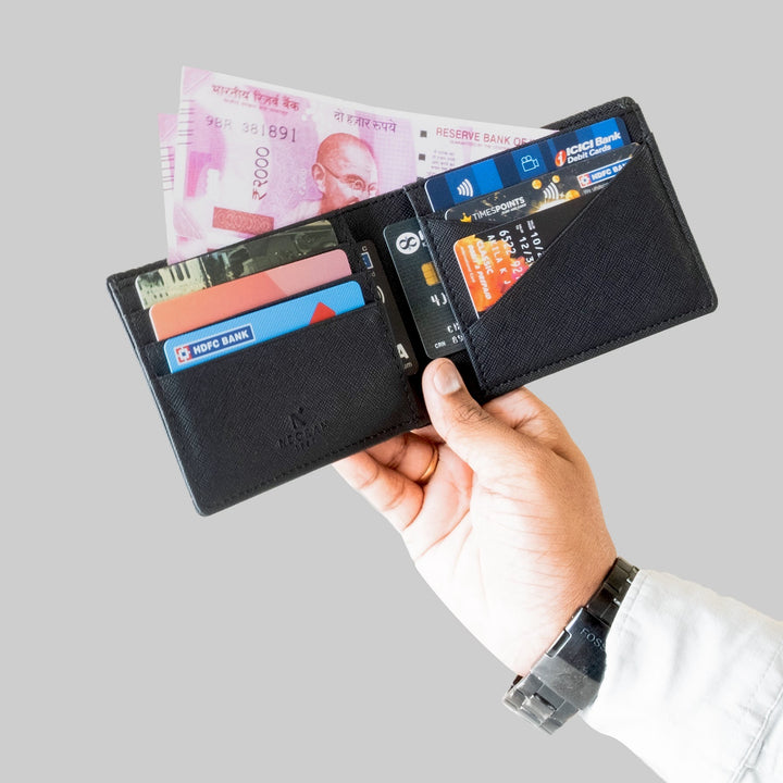 It has 2 spacious wall compartments for Currency & Receipts and 8 card slots are also double panelled with Vegan leather and not slits#color_black